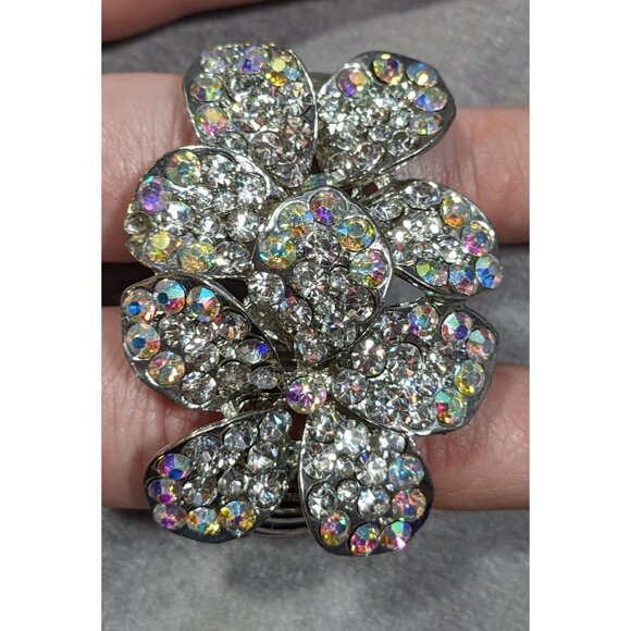 Fairycore Aurora Borealis Floral Double Finger Silver Tone Stretch Ring - Picture 4 of 6